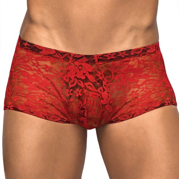 Male Power Stretch Lace Mini Short-Red Medium-Boxed