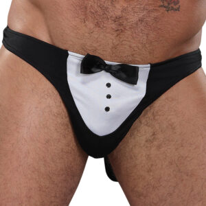 Male Power Novelty Ma?tre D' Thong-Black One Size-Boxed